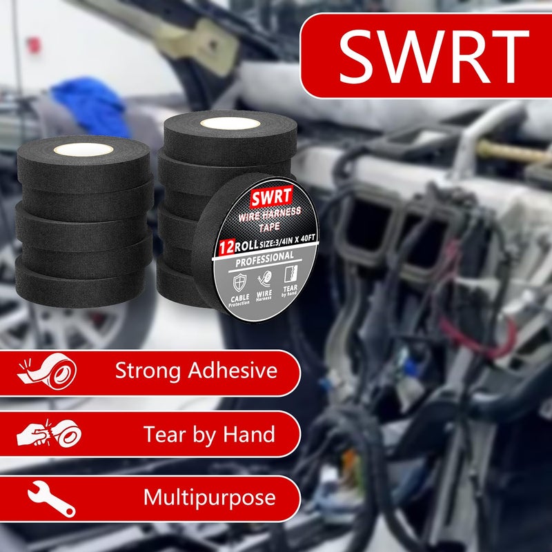 SWRT Wire Harness Tape, 3/4 Inch × 50 Feet, 12 Packs (600 Feet Total), Self-Adhesive Black Cloth Electrical Tape for Automotive Use, High Temperature Resistance Felt Tape. - Image 2